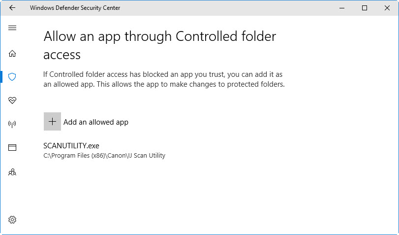 Windows Defender screen, Add an allowed app plus sign