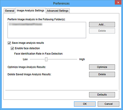 Image Analysis Settings tab