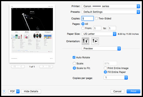 Print dialog with settings and Print button