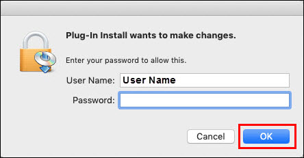User Name and Password fields shown, then OK button highlighted.