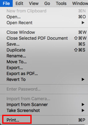 Preview File menu with Print... called out