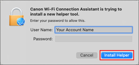 Enter your computer's password and click Install Helper (outlined in red)