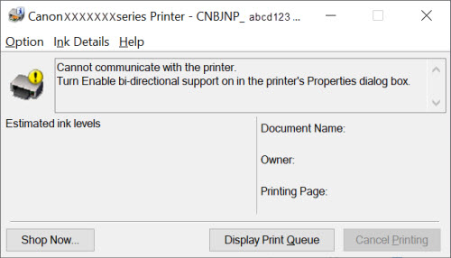 Cannot communicate with printer - error message displayed