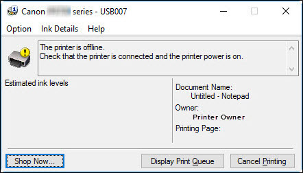 Screen: The printer is offline. Check that the printer is connected and the printer power is on.