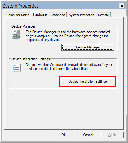 Image of System Properties screen with Device Installation Settings highlighted
