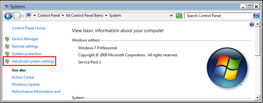 Image of Control Panel Home screen with Advanced system settings highlighted