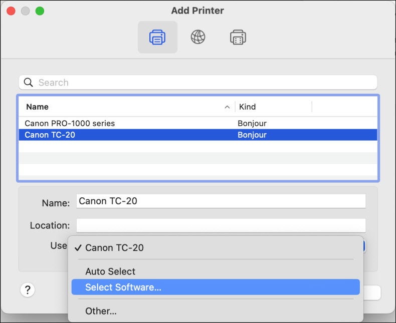 Select the printer with Bonjour listed in the Kind column, then click Select Software... in the Use: drop-down menu