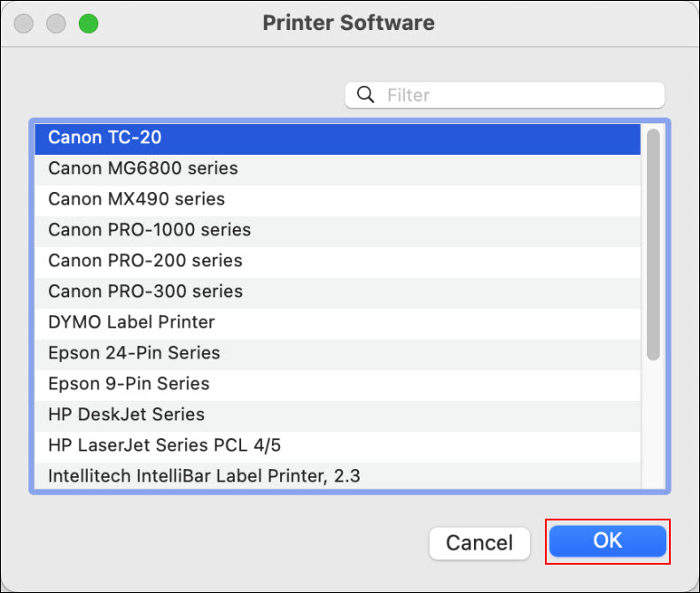 Select Canon TC-20, then click OK (outlined in red)