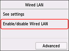 Tap Enable/disable Wired LAN (outlined in red)