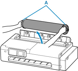 Hold the left and right roll holders (A) and remove the roll paper from the printer