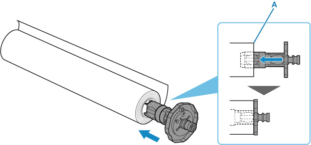 Align the roll paper winding direction, insert the roll holder marked with [R] from the right, and press it firmly until the side of the roll paper (A) sits flush against the roll holder without any gap