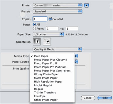 Plain Paper selected as an example from Media Type drop-down