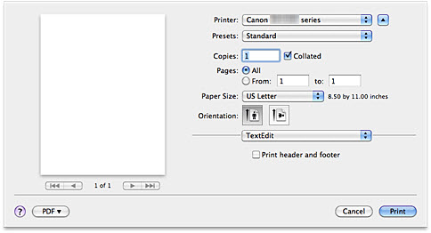 Printer screen for Mac OS X v.10.5.x and later