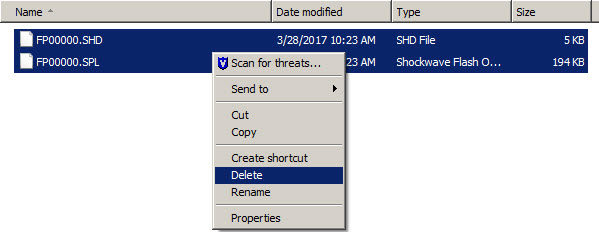 Image: Printers folder screen showing two files selected with a drop down menu and Delete selected.
