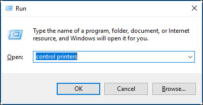 Run dialog box with control printers entered in Open: field