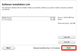 Software Installation List screen: Next button outlined in red
