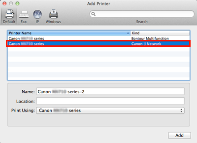 Add window: Select the printer with Canon IJ Network as the Kind (outlined in red), click Add