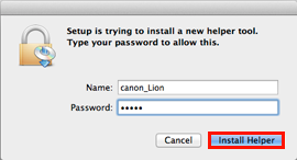 Enter the name and password, then click Install Helper (outlined in red)