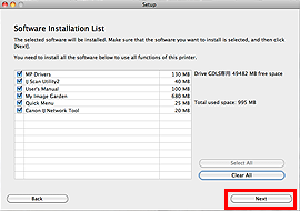 Software Installation List: Click Next (outlined in red) to proceed