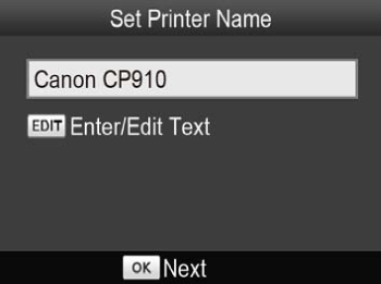 CP910: Set Printer Name screen, Canon CP910 in text field