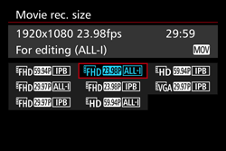 Setting movie recording size