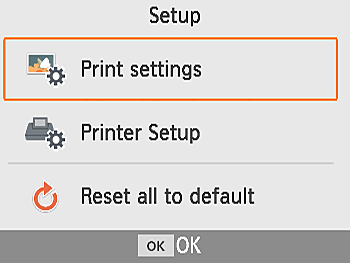 Print Settings selected on Setup screen