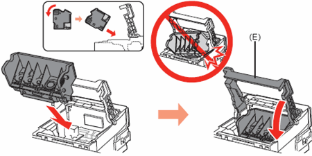 Figure shows print head being tilted toward the back of the machine, then snapped into place