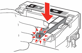 Image shows front of ink tank being pressed down in the printer