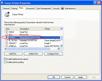 On Ports tab, the port for the printer is shown selected.