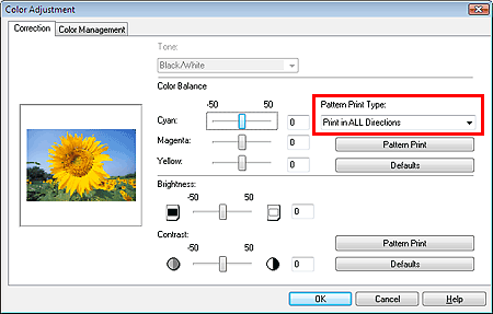 figure: Pattern Print Type in the Color Adjustment dialog box