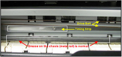 Image shows drive belt above, and chassis below the timing strip.