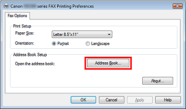 figure: Canon (model name) series FAX Printing Preferences dialog box