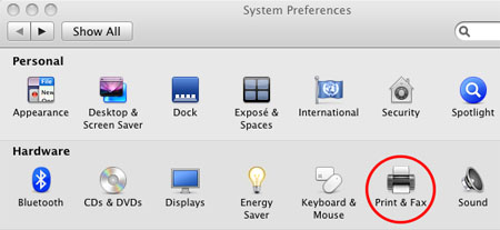 Print & Fax icon selected from System Preferences menu