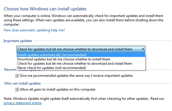 Image of Choose how Windows can install updates screen with Install updates automatically (recommended) highlighted