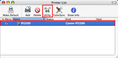 Printer selected from Printer list and Utility selected from top menu bar