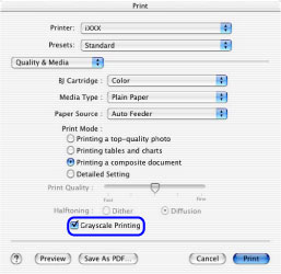 Grayscale printing checkbox selected near bottom of Print screen