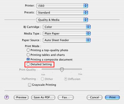 Detailed Setting radio button selected