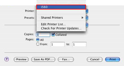 Printer pop-up window with sample printer name selected