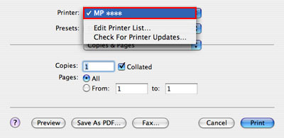 Example of a printer selected from Printer drop-down
