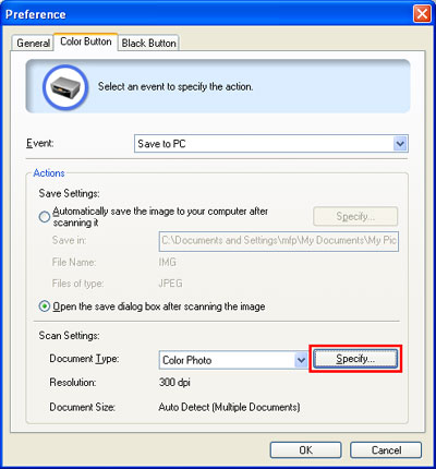 Scan Settings section with Specify button highlighted