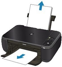 Image of printer showing the paper flow direction from the Rear Tray and the Paper Output Slot