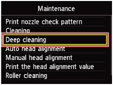 Maintenance screen with Deep cleaning selected
