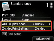 image of the Standard copy screen with the duplex scan and print options boxed