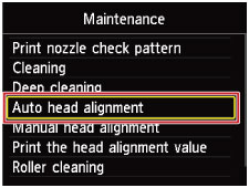 Maintenance screen with Auto head alignment highlighted