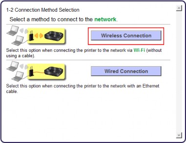 Screen 1-2 shows Wireless Connection button selected