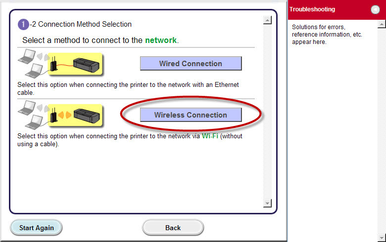Connection Method screen #2 - Wireless Connection selected.