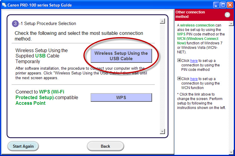 "Select Wireless Setup Using the USB Cable" button selected.
