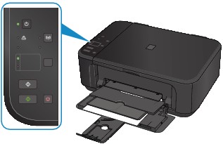 Printer image with call out image showing the printer operational panel with Paper lamp lit