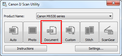 IJ Scan Utility interface with Document button highlighted
