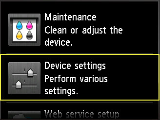 Image: Setup screen with Device settings highlighted